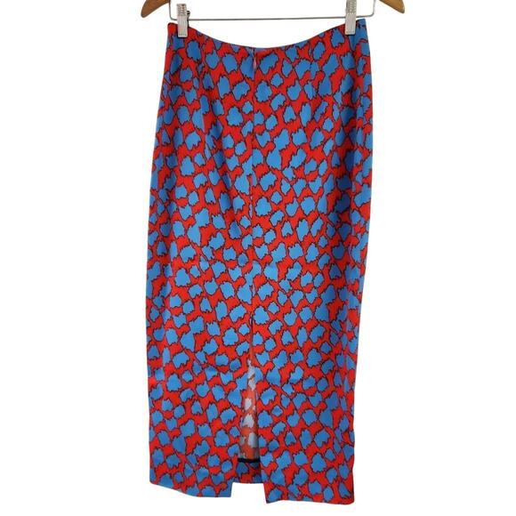 Diane Von Furstenberg Women's Printed Pencil Midi Skirt Slit Red Blue Size 4 - Picture 2 of 10
